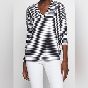 LOFT Black and White V Neck Striped Long Sleeve Top